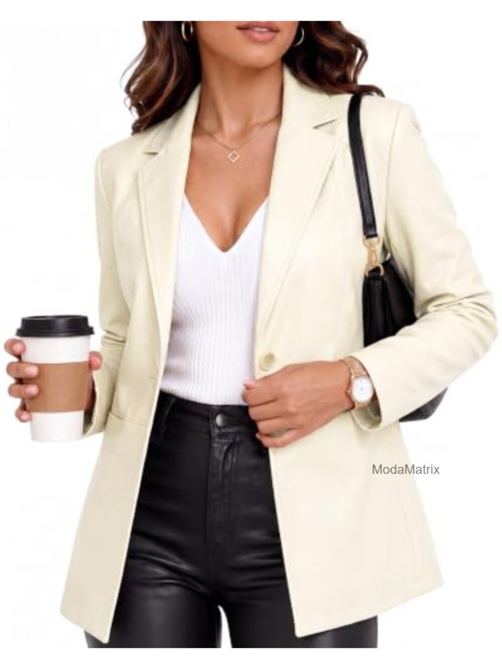 Faux Leather Blazer Jacket Women Lightly Fitted Long Sleeve Business Casual